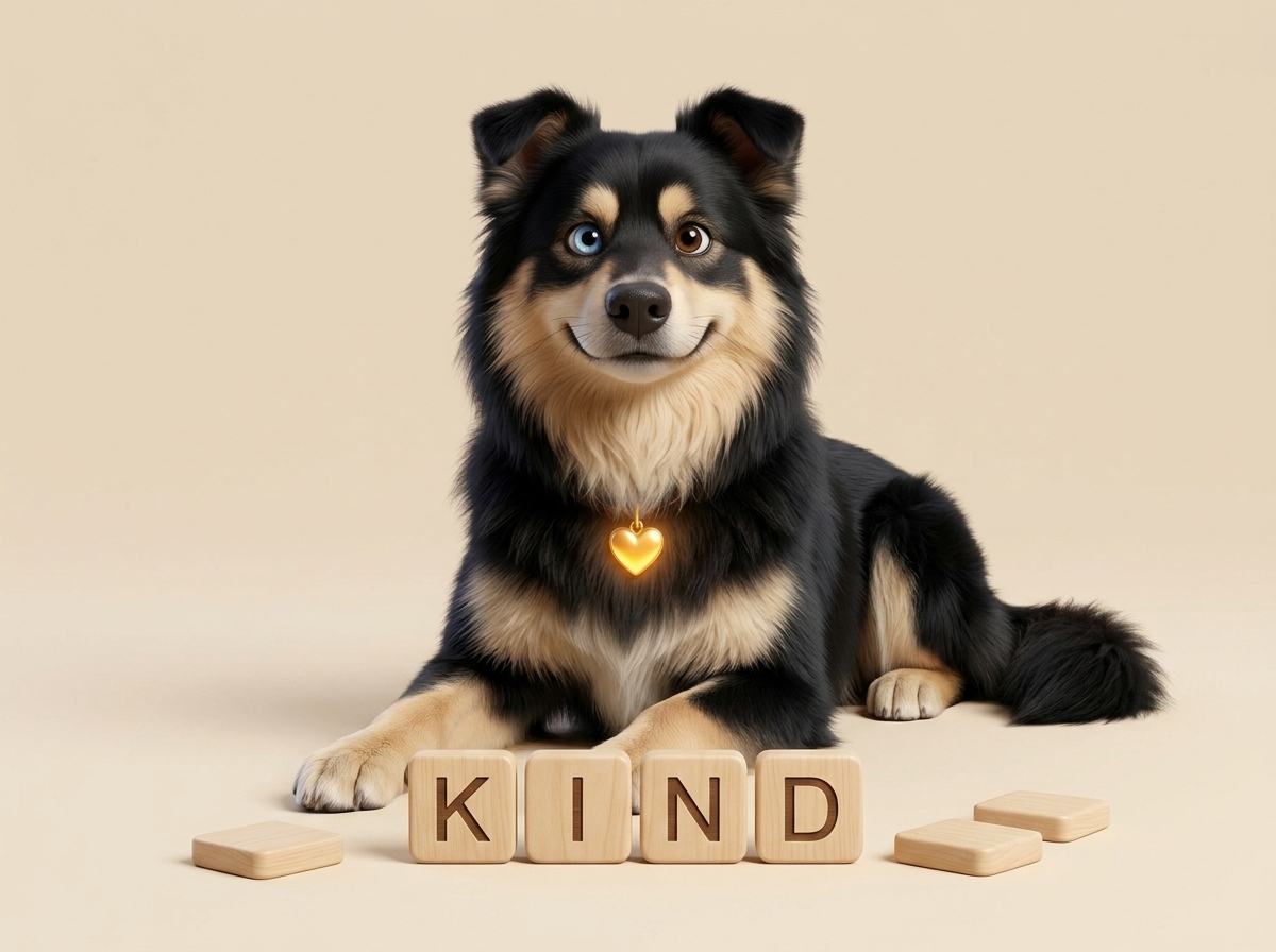 Watson lying beside wooden blocks spelling KIND