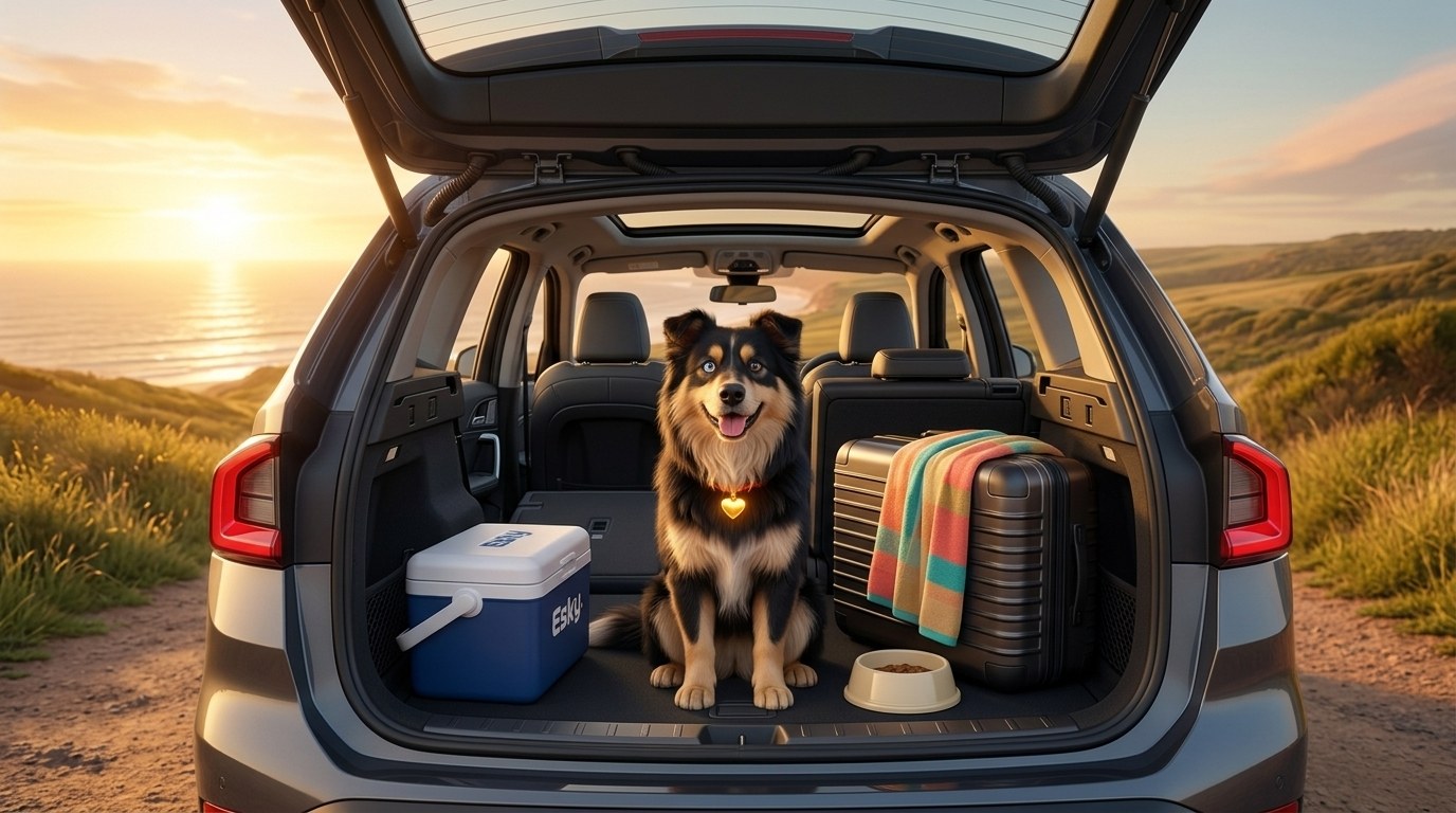 A car boot packed with a dog bed and travel gear on an Australian coastal track